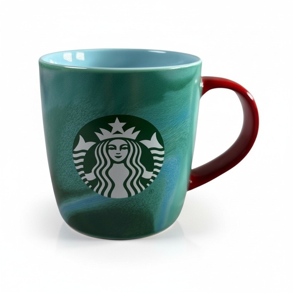 Starbucks 2024 Green Blue Marble Swirl Coffee Mug 11oz Red Handle Siren Logo